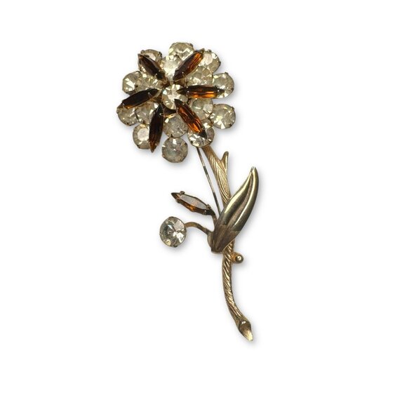 Unsigned Jewelry - Unsigned Brown Clear Crystal Layered Glass Gold Flower Brooch
